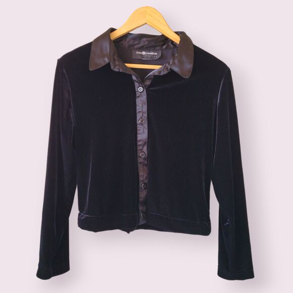 Vtg SAG HARBOR Black Velour Button Down Size LP Boxy Satin Trim Long Sleeve 90s - Picture 1 of 8